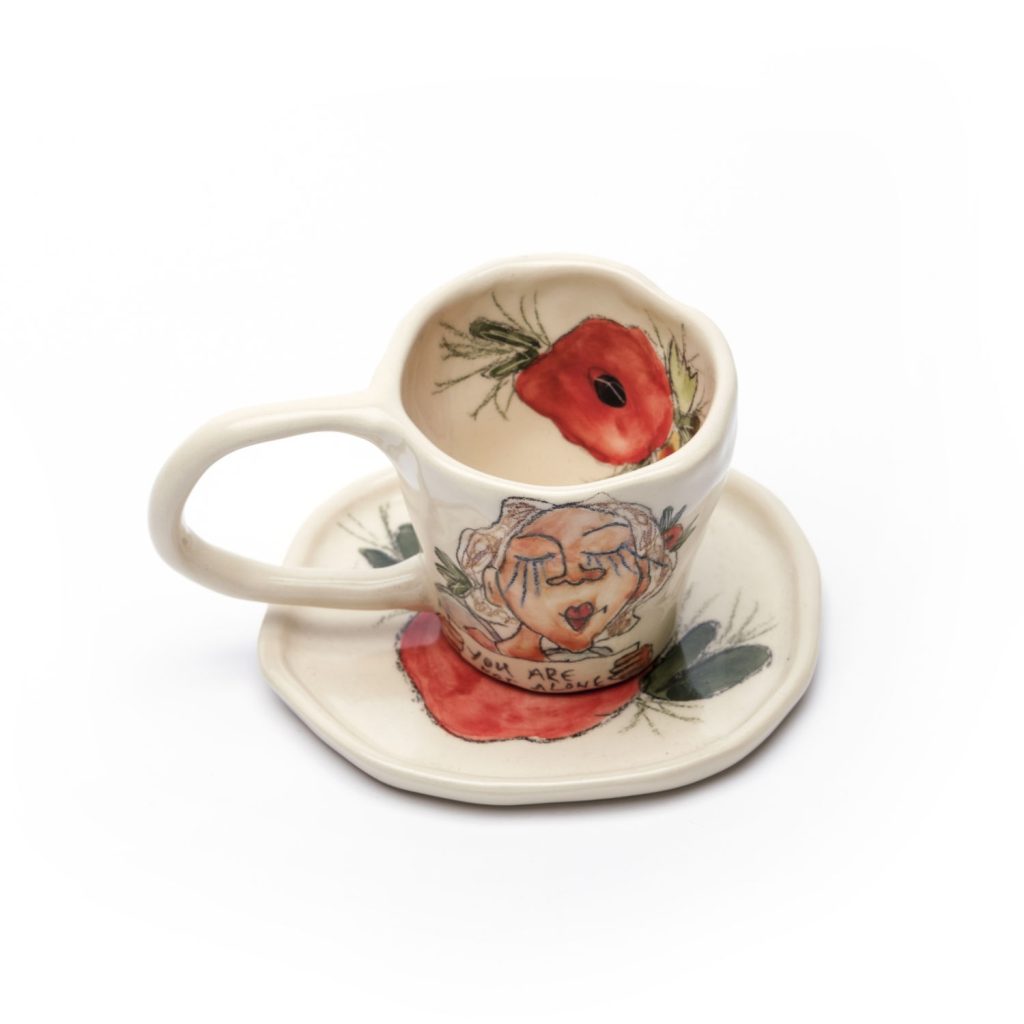 espresso cup blond girl with poppies